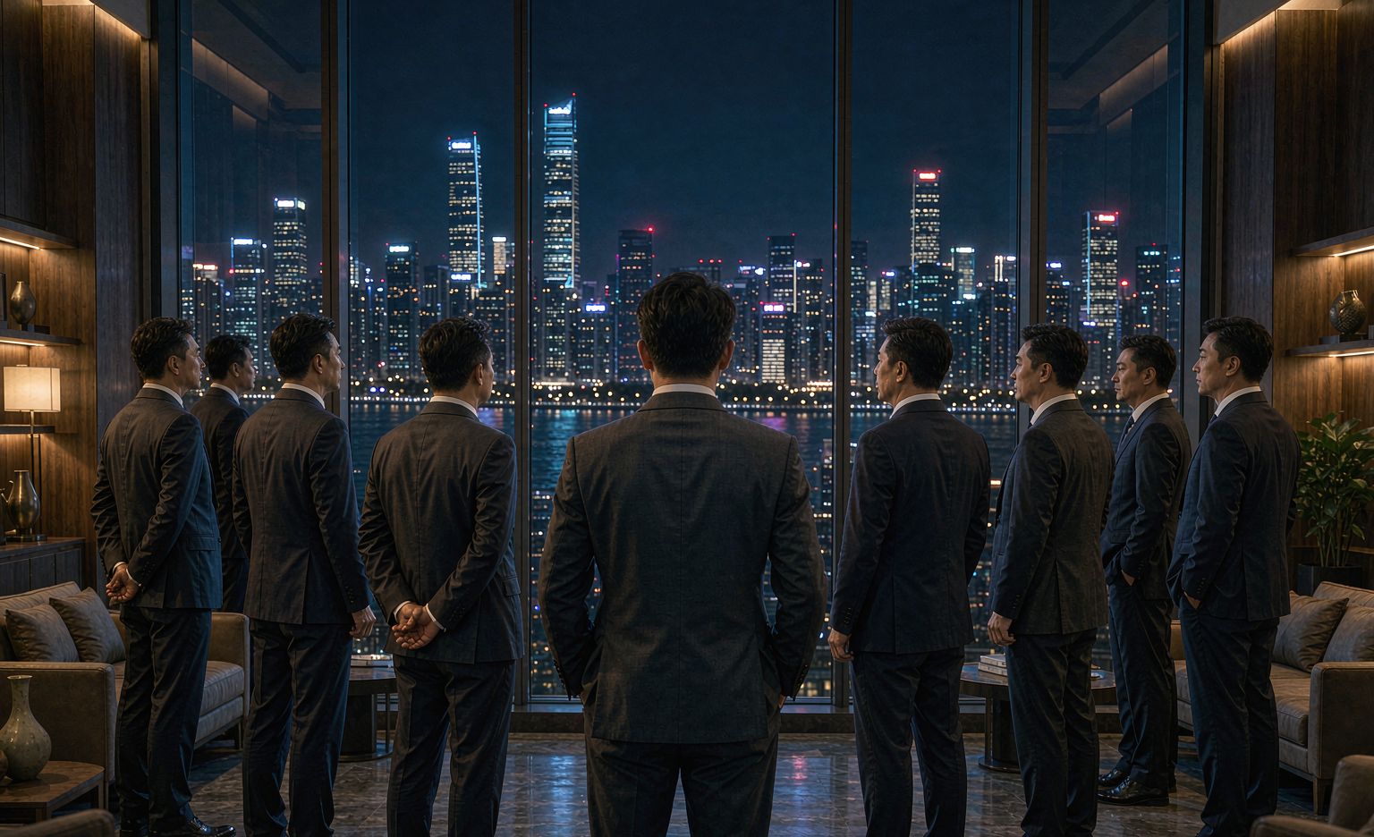 城市夜景中的商务人群，共建协会产业生态